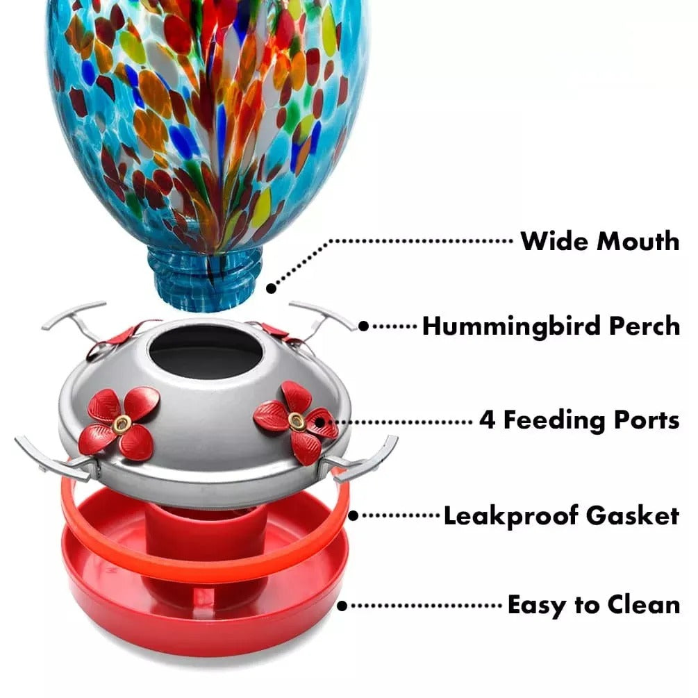 Sherum Hand Blown Glass Hummingbird Feeder - 34 Ounces